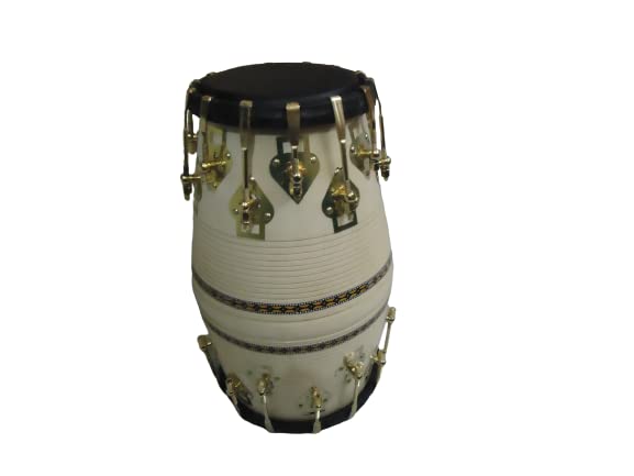 White Dholak With Golden Bolts And Beautiful Printed Rope Professional Stylish Look