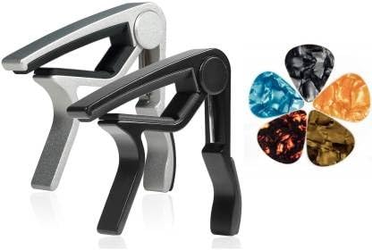 Rythm Enterprises Guitar Capo With 5 Picks Acoustic And Electric Guitars (Black & Silver, Pack Of 2)
