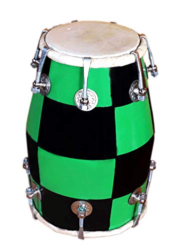 Gt Manufacture Wooden Handmade Musical Nut & Bold Baby Dholak With Beautyfull Chack Desine (Green & Black