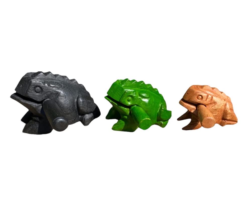 Wooden Frog Percussion Set - 4 Inch, 3 Inch, 2.25 Inch Frogs, Musical Instrument Home Decor (Black, Green, Brown)
