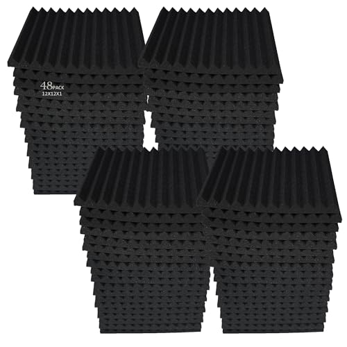48 Pack Black 1'' X 12'' X 12'' Acoustic Grid Studio Foam Sound Absorption Wall Panels