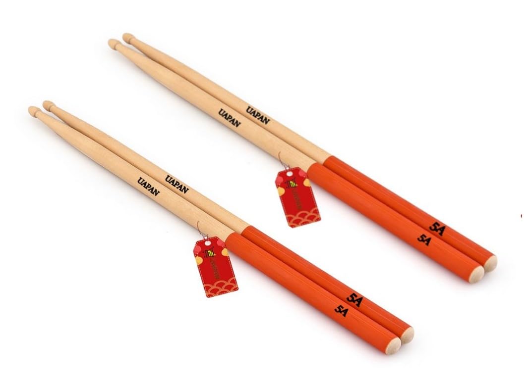 Uapan Maple Drumsticks Wooden Tip, 40 Cm, 2 Pairs, Professional Wood Drum Sticks 5A With Nylon Multicolor Grip