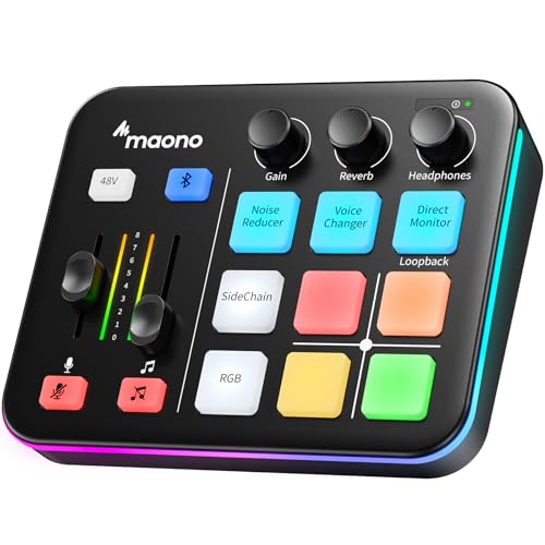 MAONO Gaming Audio Mixer, Streaming RGB PC Mixer with XLR Microphone Interface, Bluetooth, Volume Fader, Mute Button, 48V Phanto