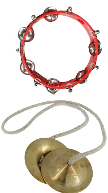 Musical Instruments Set, Red Tambourine With Metal Jingles And Brass Finger Cymbals With Rope, Percussion Instruments