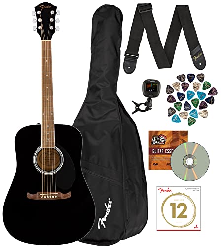 Fender Fa-125 Dreadnought Acoustic Guitar - Black Bundle With Gig Bag, Tuner, Strap, Strings, Picks, And Austin Bazaar Instructi
