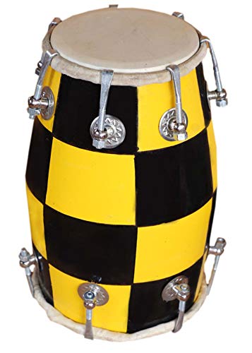 Gt Manufacture Handmade Wooden 14 Baby Dholak Nut & Bold Dholak With Beautyfull Chack Desine01 (Yellow)