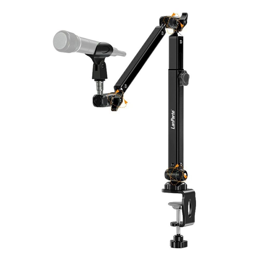 LANPARTE Professional Microphone Boom Arm Stand, Adjustable 3-Section Holder, Heavy Duty Clip-On Design, Black(Without Mic)
