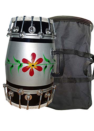 Gt Manufacturers Wood Dholak Musical Instrument Drum Nuts N Bolt With Carry Bag (Silver)