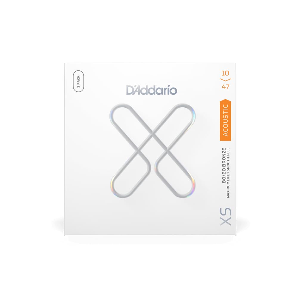 D'Addario Acoustic Guitar Strings, Xs 80/20 Bronze Coated, Xsabr1047-3P, Extra Light Gauge 10-47, 6-String Set, Pack Of 3