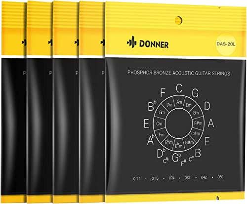 Donner Light Acoustic Guitar Strings Phosphor Bronze Coated 5 Sets Of 6 Hex Steel String 11-50 Das-20L