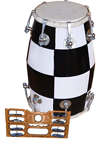 Gt Manufacture Wooden Handmade Musical Nut & Bold Baby Dholak With Khartal & Beautyfull Chack Desine (White & Black
