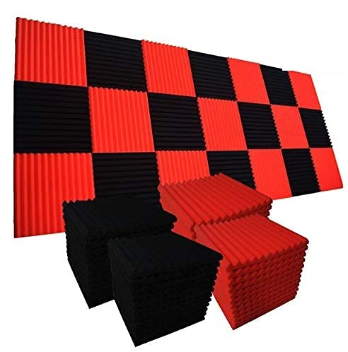 52 Pack Acoustic Foam Panels,1'' X 12'' X 12'' Acoustic Wedge Studio Foam Sound Absorption Wall Panels (Black/Red)