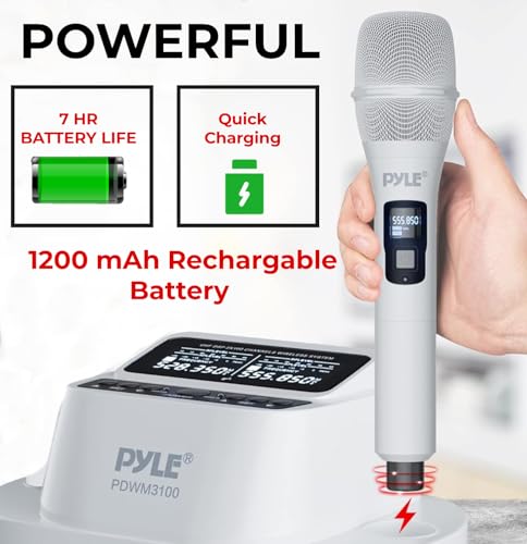 Pyle Wireless Microphones - UHF 2x100 Channel Receiver, Karaoke Microphone with DSP, High-Fidelity, Infrared Sync, Wireless Micr