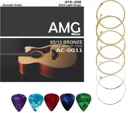 Amg Music Light Acoustic Guitar String Set - 6 Stainless Steel Strings For Bright Tone - Includes Picks - Perfect For Acoustic G