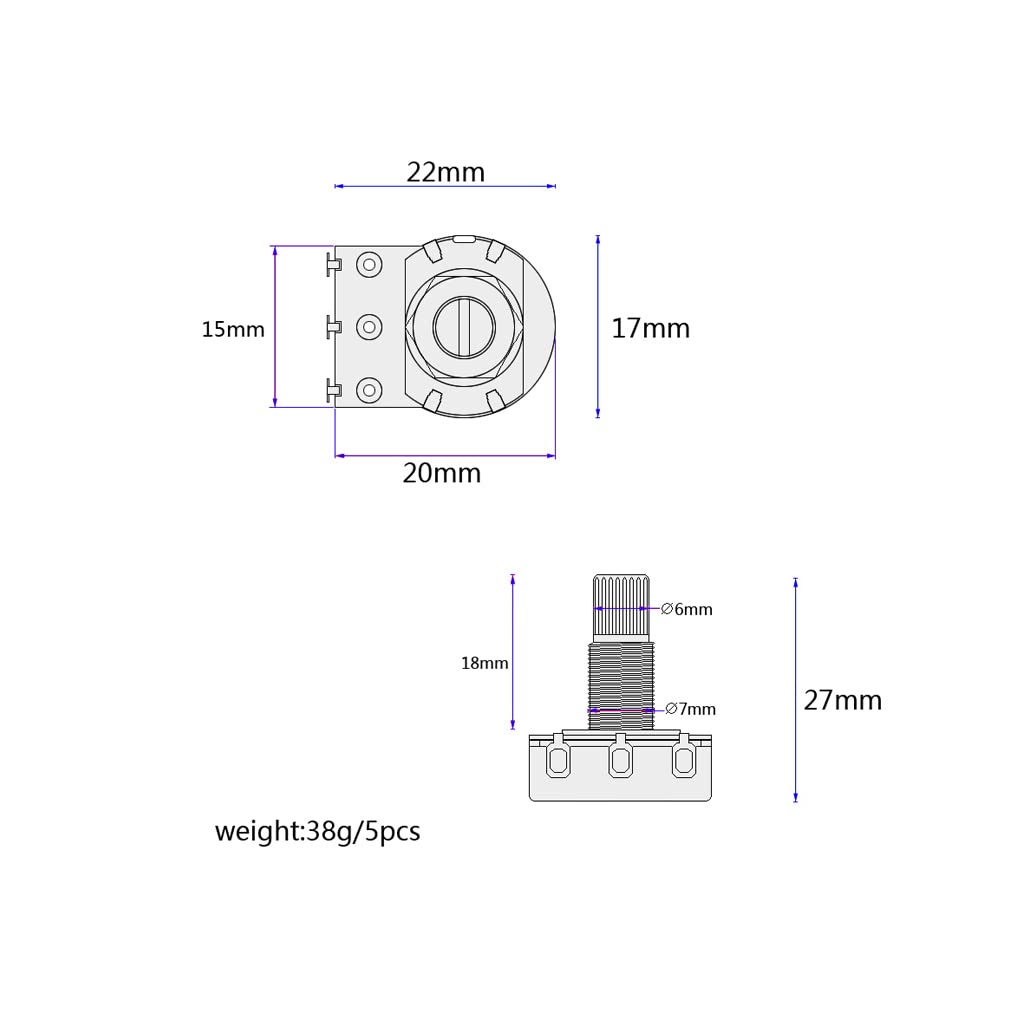 Alnicov 5 Pcs Guitar Pots 18mm Split Shaft A25K Potentiometers Audio Taper Small Size