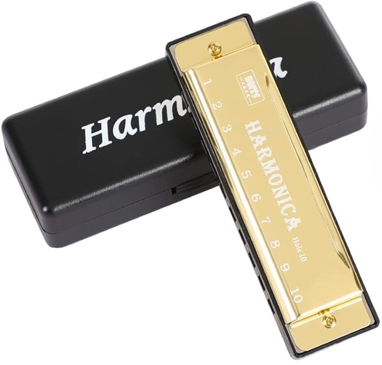 Perlman Harmonica, 1Pc Key Of C 10 Hole 10 Tones Titanium Color Harmonica With Case For Beginner (Gold, Silver)