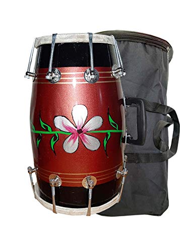 Gt Manufacturers Wood Dholak Musical Instrument Drum Nuts N Bolt With Carry Bag (Red)