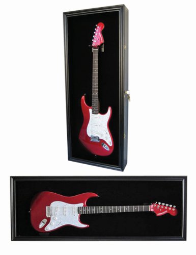 DisplayGifts 42 Electric Guitar Display Case Cabinet Shadow Box with Guitar Hanger Stand, Lockable UV Protection Black Felt Inte