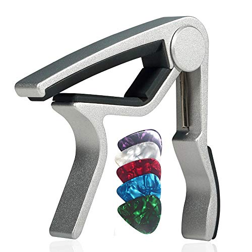 Wingo Guitar Capo For 6 String Steel Acoustic And Electric Guitars With 5 Picks For Free,Silver