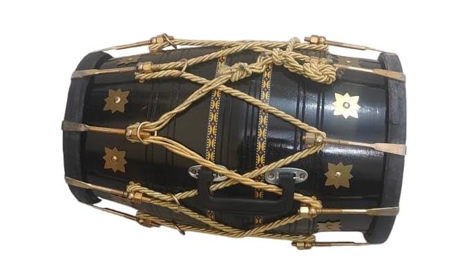 SmSai Musicals Black Dholak With Golden Bolts And Beautiful Printed Rope Professional Stylish Look