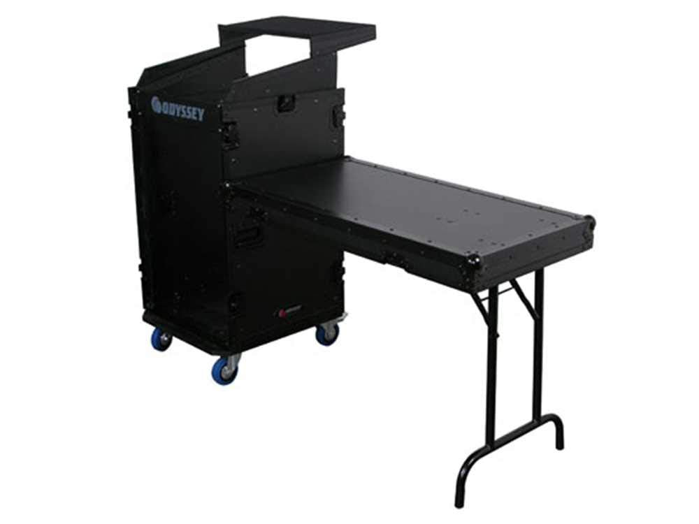 Deluxe Black 11U Top Slanted 16U Bottom Vertical Pro Combo Rack with Casters, Side Table, and Glide Platform