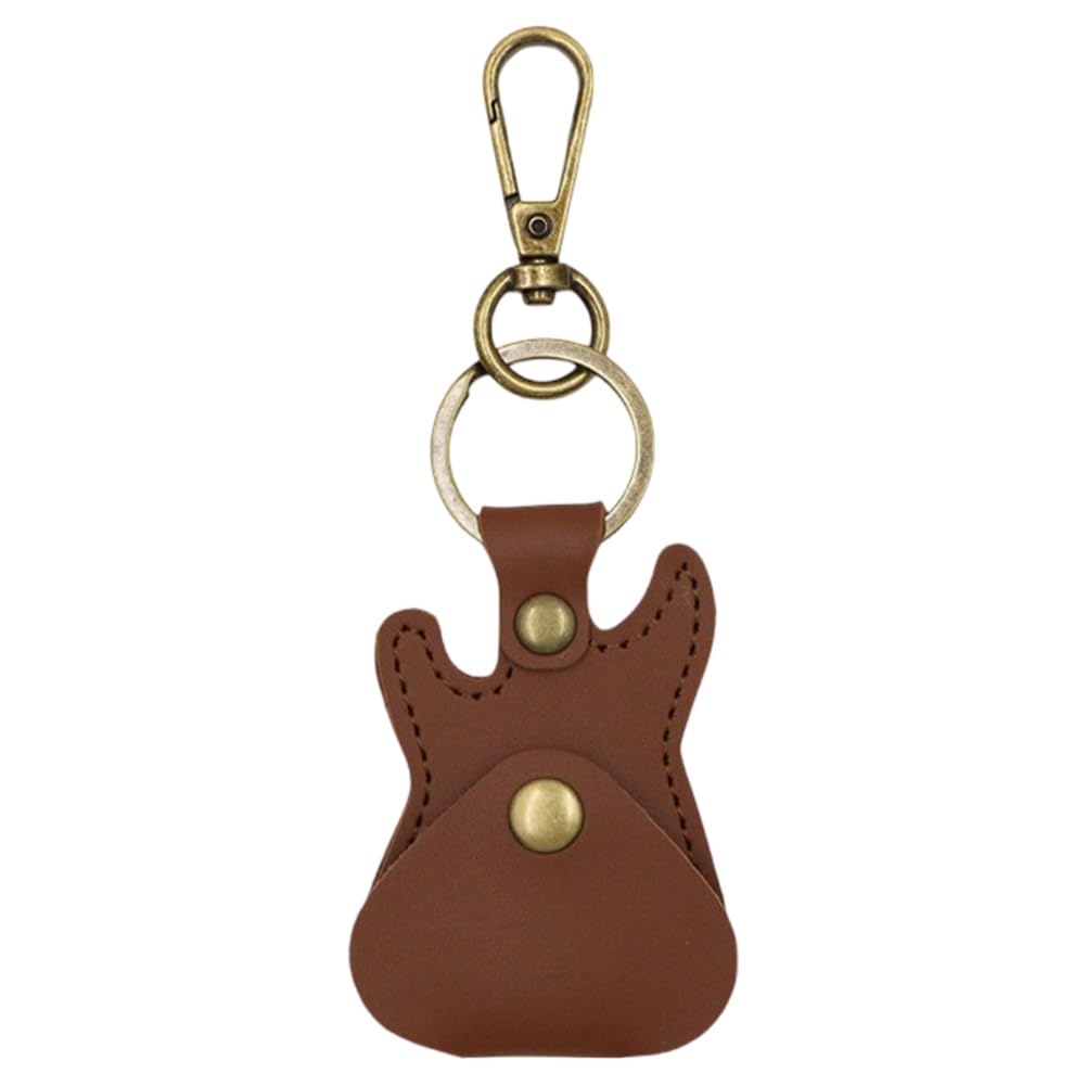 CALFOVERA Brown PU Leather Guitar Pick Holder Case Portable Plectrums Bag Keychain Leather Base Picks Storage Case Key Fob Keyri
