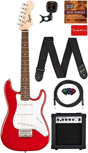 Fender Squier 3/4 Size Kids Mini Stratocaster Electric Guitar Learn-To-Play Bundle With Amp, Cable, Tuner, Strap, Picks, Fender
