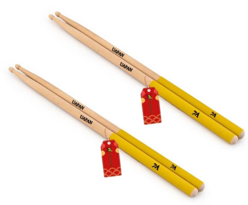 Uapan Maple Drumsticks Wooden Tip, 40 Cm, 2 Pairs, Professional Wood Drum Sticks 7A With Nylon Multicolor Grip