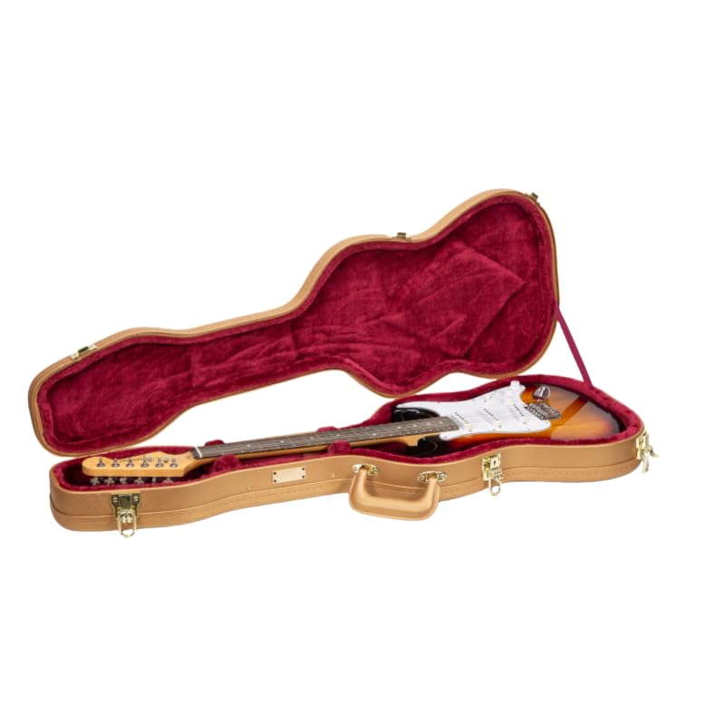 Crossrock Contoured Wooden Electric Guitar Case For Stratocaster & Telecaster | Luxury Gold Faux Leather, Burgundy Velvet Interi