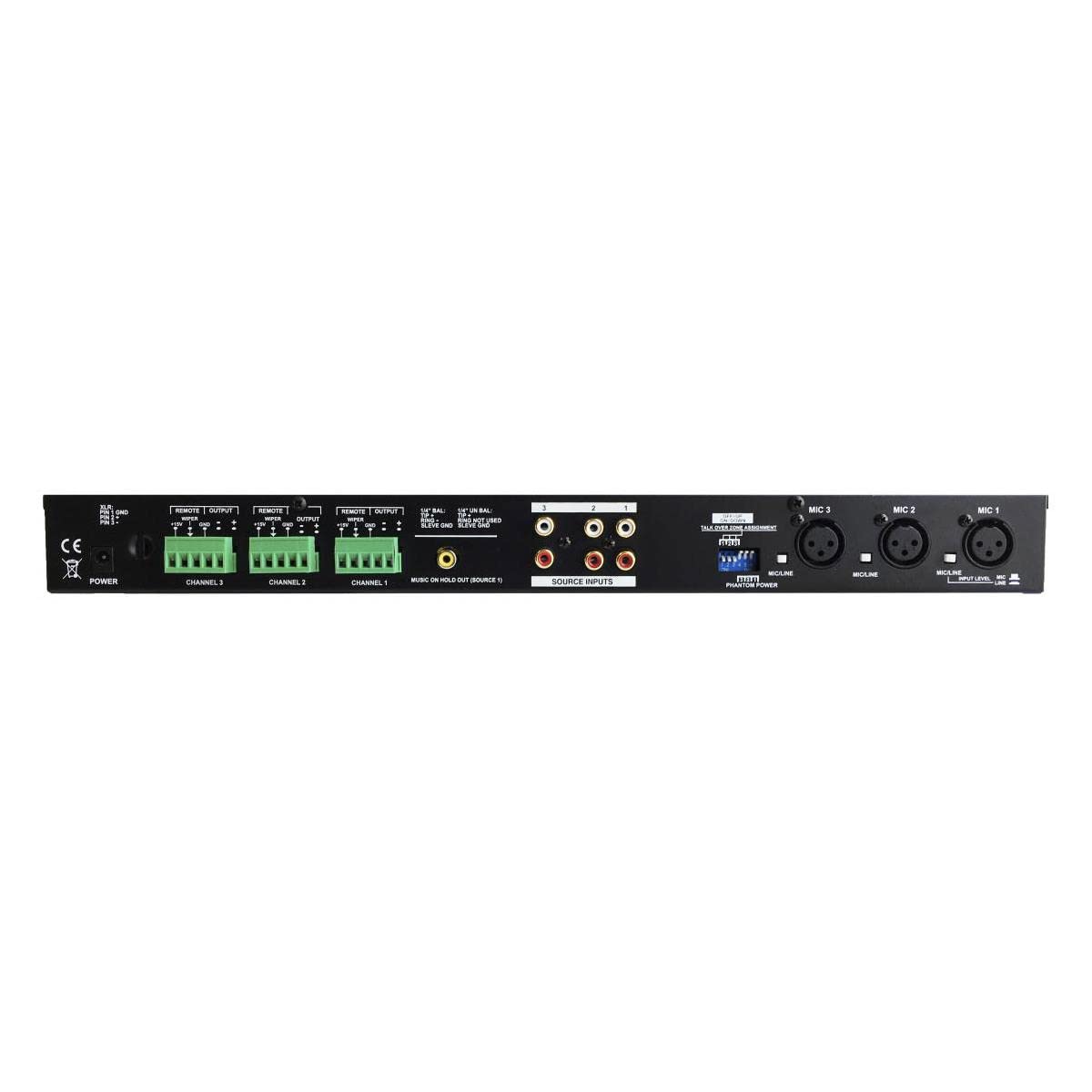 Three Zone Mixer combines three microphones or XLR line level signals with three RCA line level source inputs.