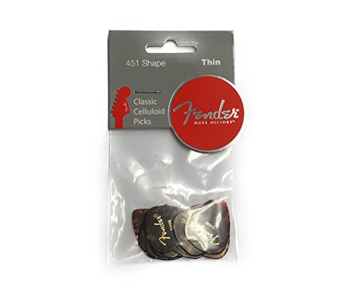 Fender Classic Celluloid Guitar Picks 451 Shape, Guitar Accessories, Tortoise Shell, Thin, 12-Pack