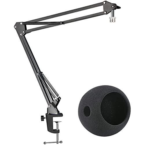 Mic Stand With Foam Windscreen For Blue Snowball, Suspension Boom Scissor Arm Stand With Pop Filter Cover For Microphones Ice Us