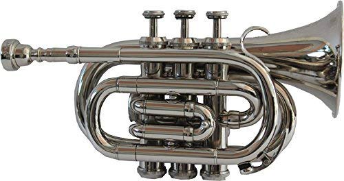 Saimusicals Professional Pocket Trumpet 3 Valve Bb Nickel Instrument Shining Nickel Finish With Mouthpiece & Hard Case, Compact 