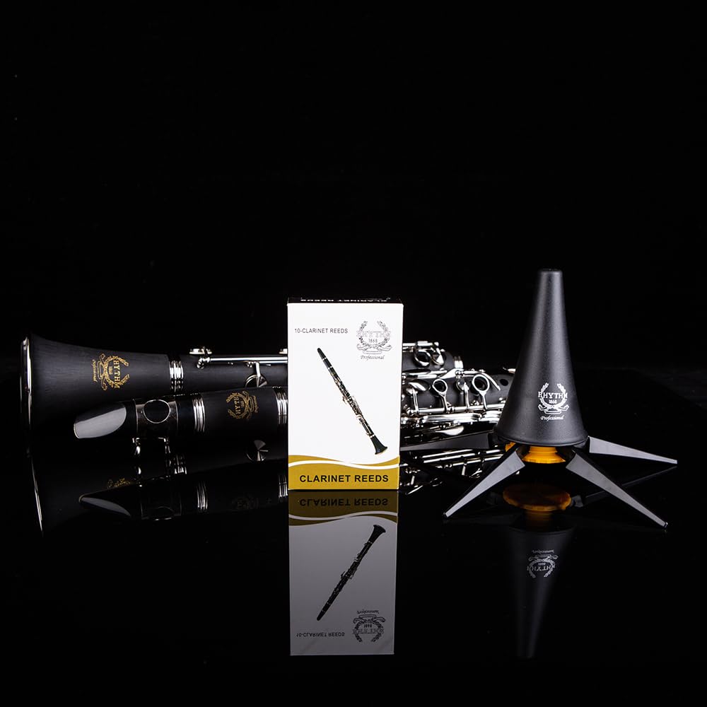 Rhythm Bb Clarinet 17 Nickel Keys Woodwind Band & Orchestra Musical Instruments for Beginners Includes Case, Stand, 10 Reeds and