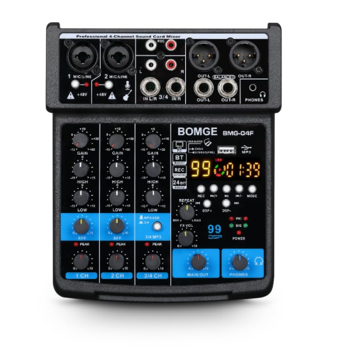BOMGE 4 Channel mini DJ Audio Sound Mixer Interface with MP3? USB, Bluetooth, Stereo Recording, 48V Phantom Power, 24 DSP for ka