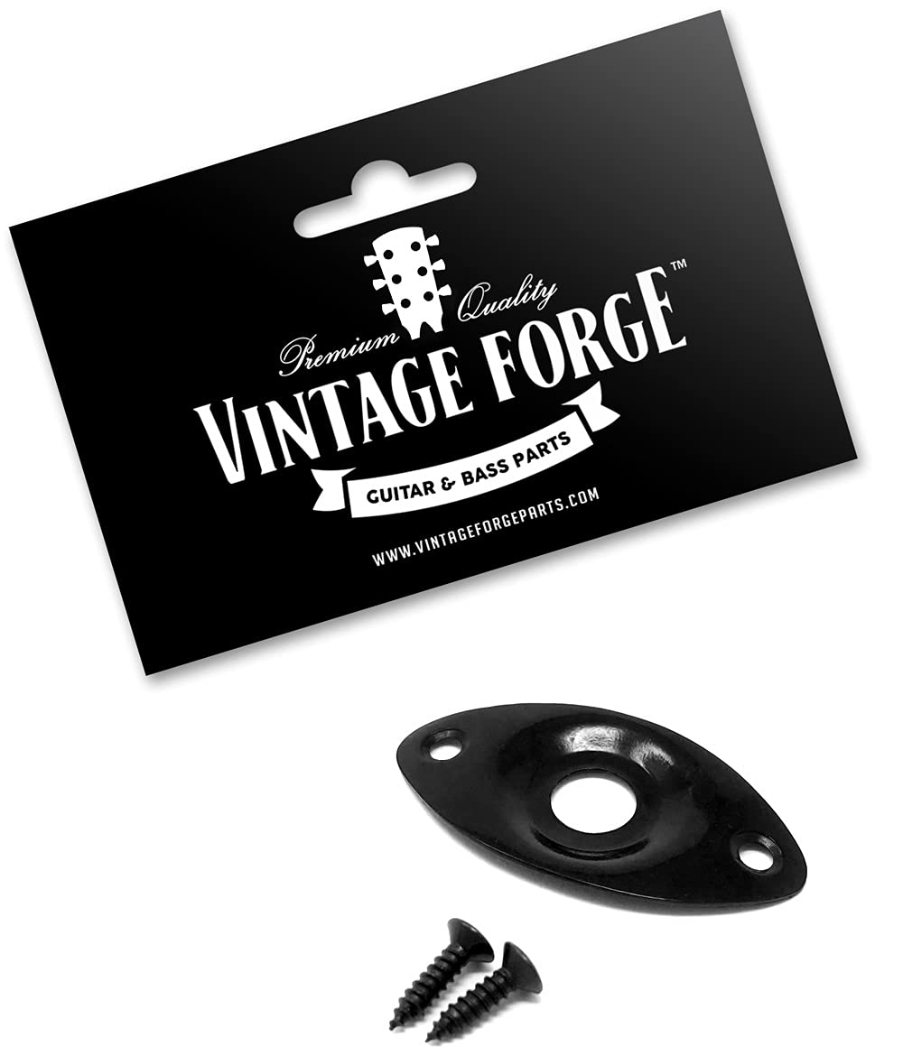 Vintage Forge Black Oval Jack Plate for Guitar and Bass with Screws Metal Indented Curved Football Shape JPF20-BLK