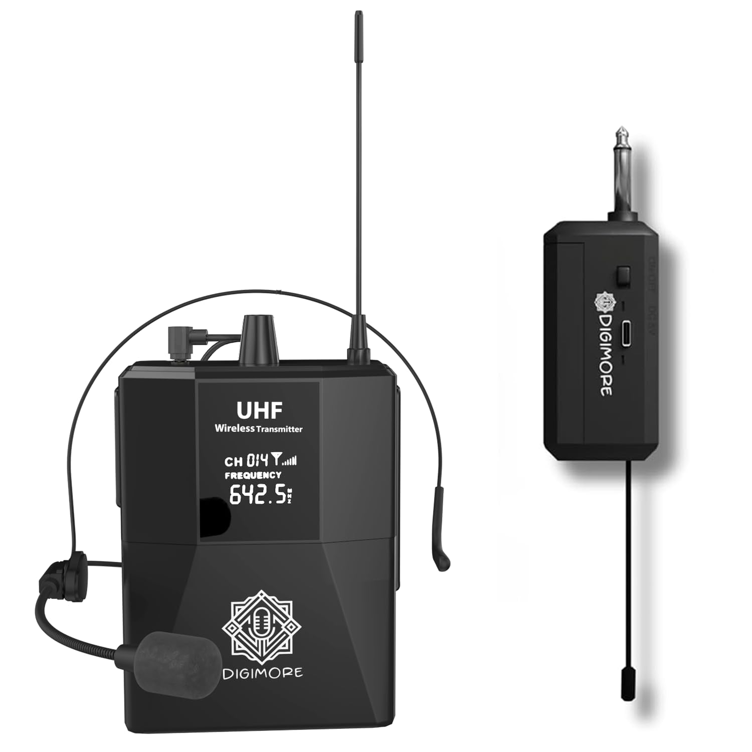 DIGIMORE UHF Wireless Microphone - Portable Cordless Microphone Set with Headset Mic, Bodypack Transmitter, Receiver  Karaoke, C