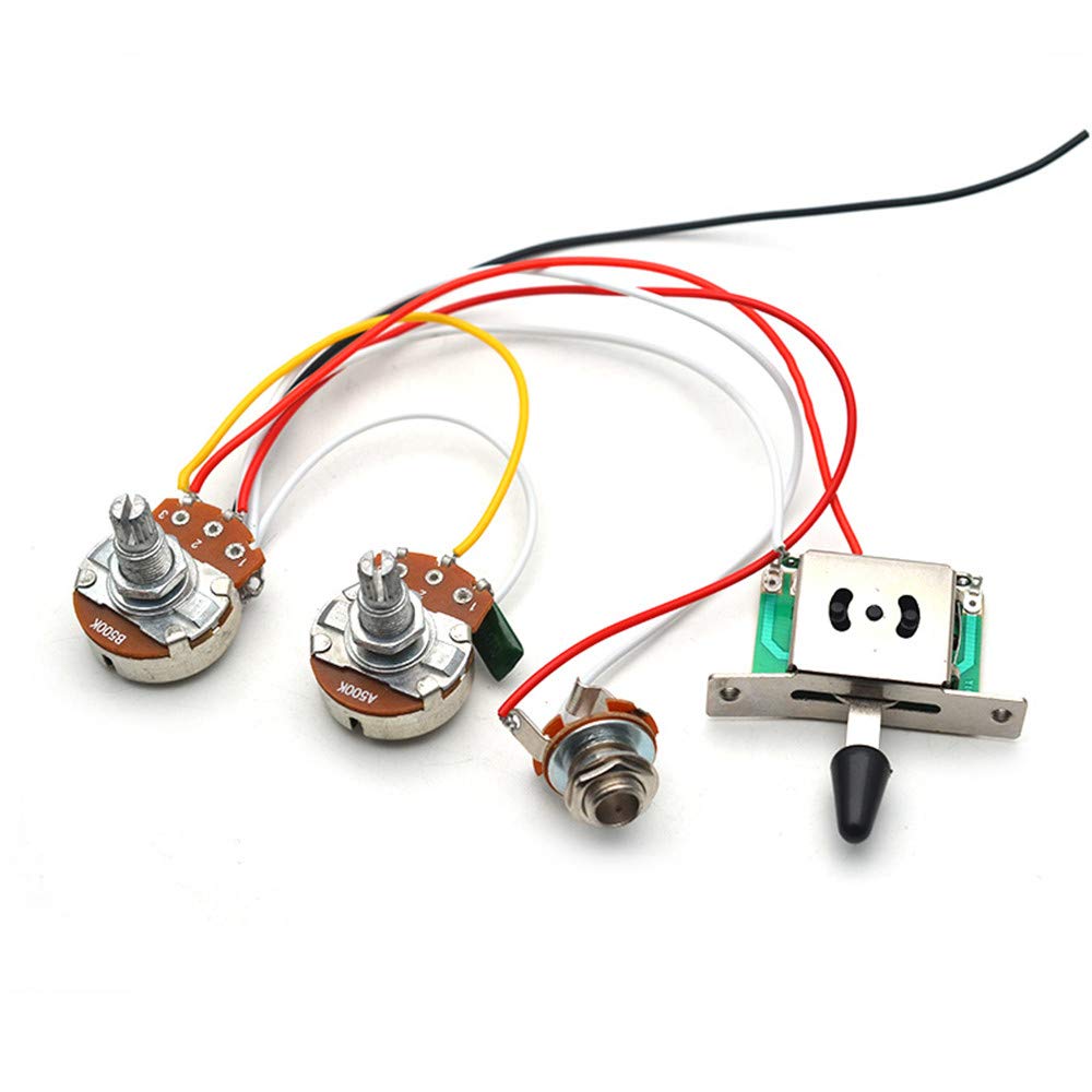 SAPHUE Guitar Wiring Harness Set Prewired 500K Big Pots 5 Way Switch Wiring Harness Kit with 6.35 Output/Black Knobs for Electri