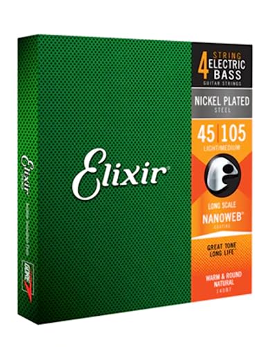 Elixir Strings Nickel Plated Steel 4-String Bass Strings W Nanoweb Coating, Extra Long Scale, Light/Medium (.045-.105)