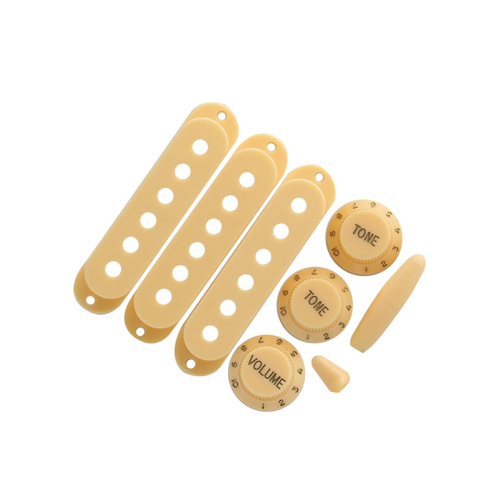 FLEOR Cream Plastic 50/50/52mm Single Coil Pickup Cover 2T1V Tone Volume Control Knobs Switch Tip Bar Tip Set