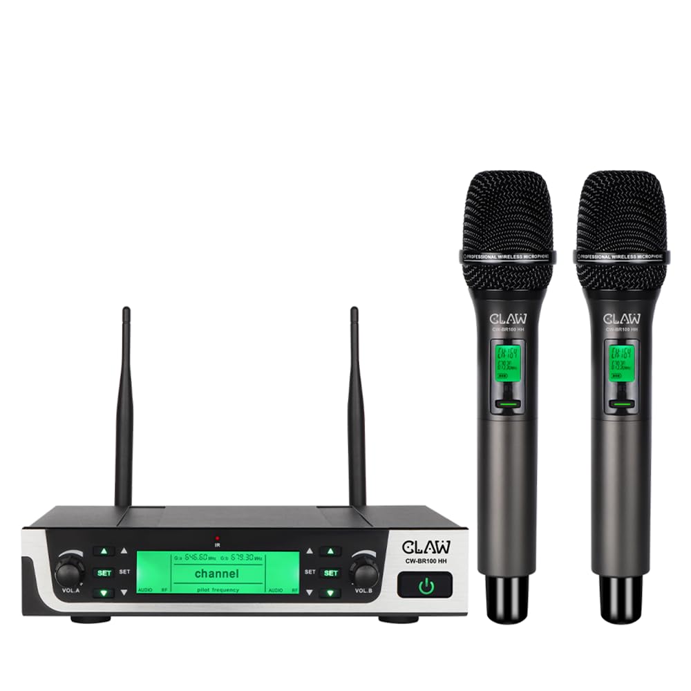 Claw Cw-Br100Hh Dual Channel Uhf Wireless Microphone System With 2 Handheld Mics, One-Tap Mute, Auto Ir Frequency Scan & Lock, L