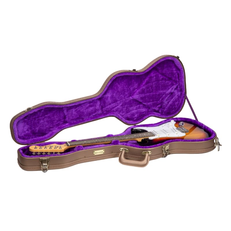 Crossrock Contoured Wooden Electric Guitar Case For Stratocaster & Telecaster | Chocolate Brown Finish,Purple Velvet Interior, L