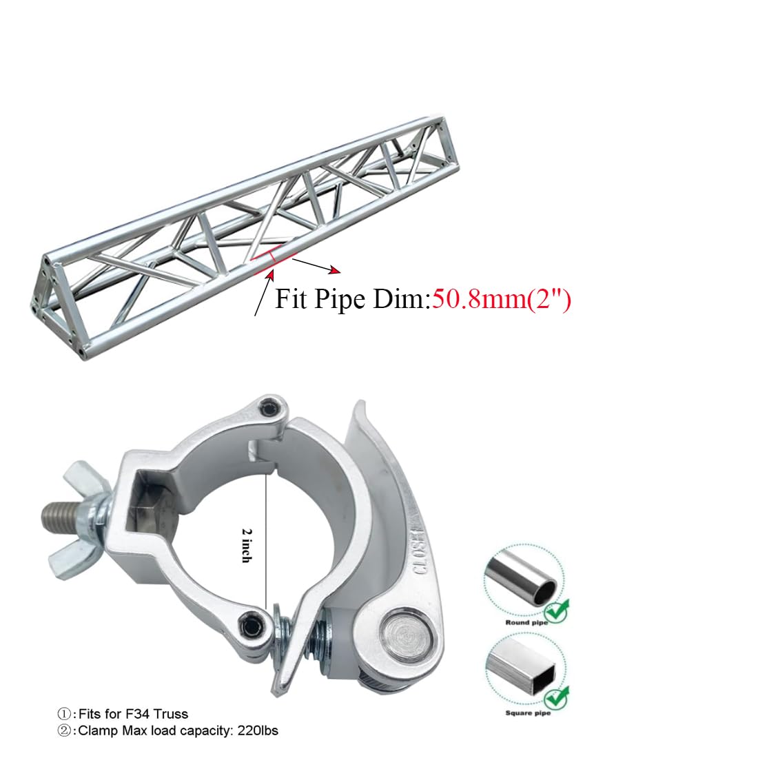 Quick Release Stage Light Clamps Fit 2 inch OD Truss Pipe Heavy Duty 220 Lbs Aluminum Alloy for Moving Head Light Par Lighting S