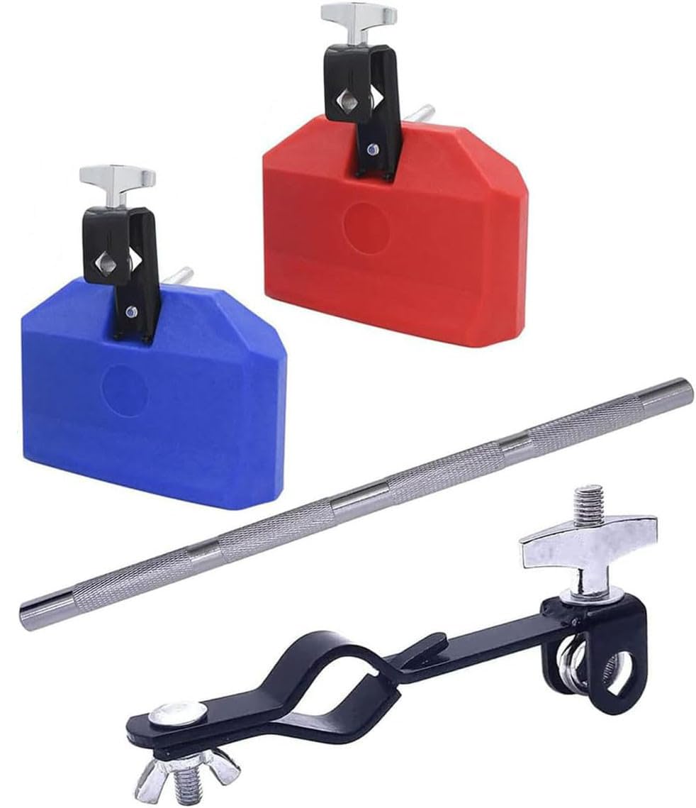 TUOREN 2Pcs Percussion Drum Jam Block with Cowbell Mounting Rod Clamp Set Plastic Cowbell for Drum Set, Bass Drum Cowbell Mounti