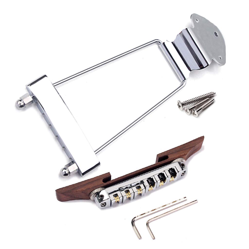 Ogdni 6 String Guitar Trapeze Tailpiece Bridge and Roller Tune-O-Matic Saddle Bridge for Jazz Archtop Guitar Replacement (Chrome