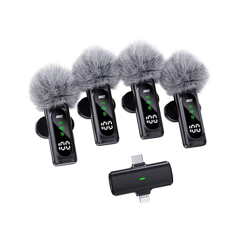 Bkn T90 4 In 1 Wireless Microphone, Noise Reduction Collar Mic With Charging Case, Wireless 4-Mic & 1 Receiver For Video Recordi