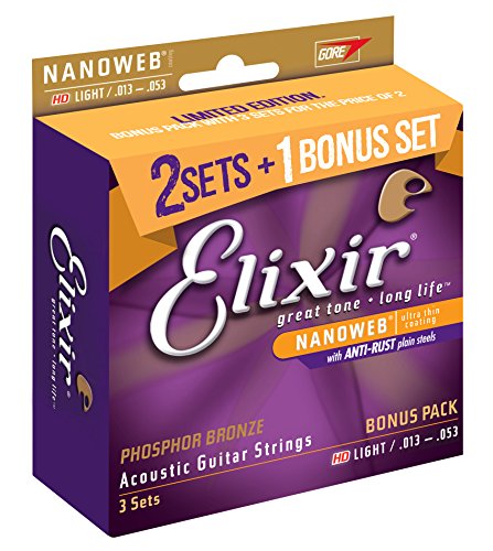 Elixir Strings 16547 Acoustic Phosphor Bronze Guitar Strings with NANOWEB Coating, 3 Pack, HD Light (.013-.053)