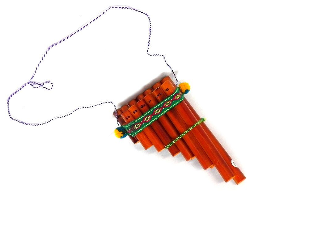 Natural Bamboo Wooden Pan Flute Pipe with Multicolored Tribal Print Woven Cotton Strap - Handmade Woodwind Gifts Peruvian Musica