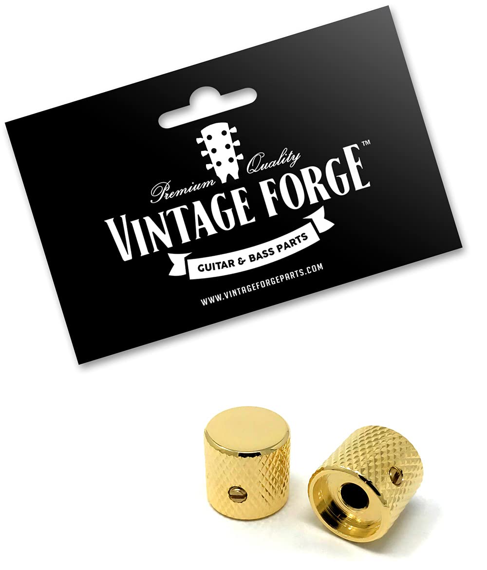 Vintage Forge Gold Metal Flat Top Barrel Knobs for Electric Guitar and Bass (Set of 2) 6mm Shaft with Set Screw BK30M-GLD