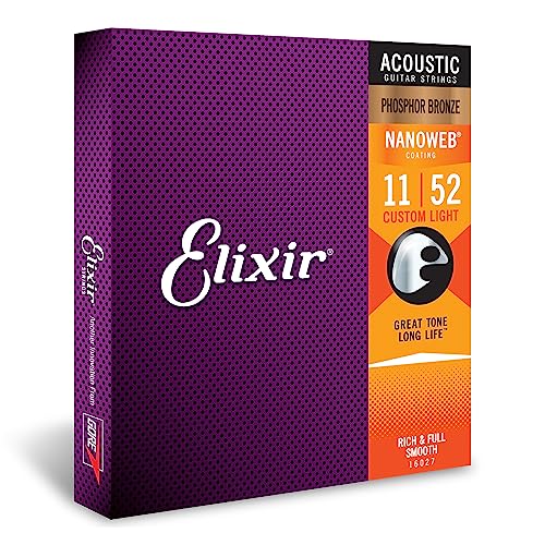 Elixir Strings - Acoustic Phosphor Bronze With Nanoweb Coating - Elixir Acoustic Guitar Strings - Custom Light (011-052)